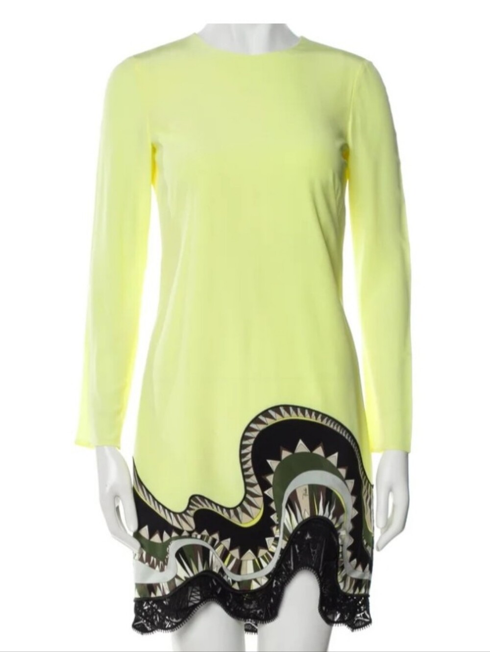 Emilio Pucci Neon Yellow Long-Sleeve Mini Dress with Graphic Hem